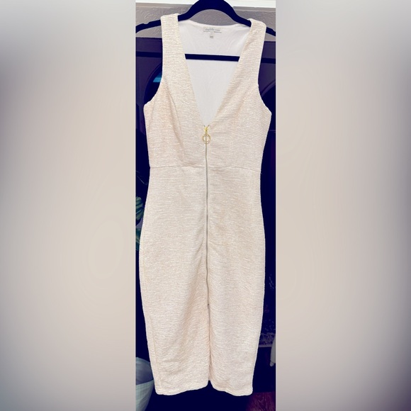 ✨ Sparkly Charlotte Russe Off White Zip Front Dress - Picture 3 of 5